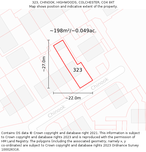 323, CHINOOK, HIGHWOODS, COLCHESTER, CO4 9XT: Plot and title map