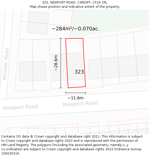 323, NEWPORT ROAD, CARDIFF, CF24 1RL: Plot and title map