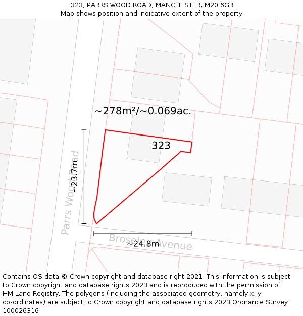 323, PARRS WOOD ROAD, MANCHESTER, M20 6GR: Plot and title map