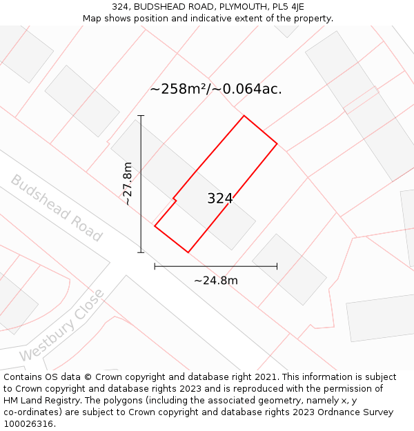 324, BUDSHEAD ROAD, PLYMOUTH, PL5 4JE: Plot and title map