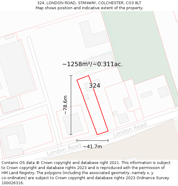 324, LONDON ROAD, STANWAY, COLCHESTER, CO3 8LT: Plot and title map