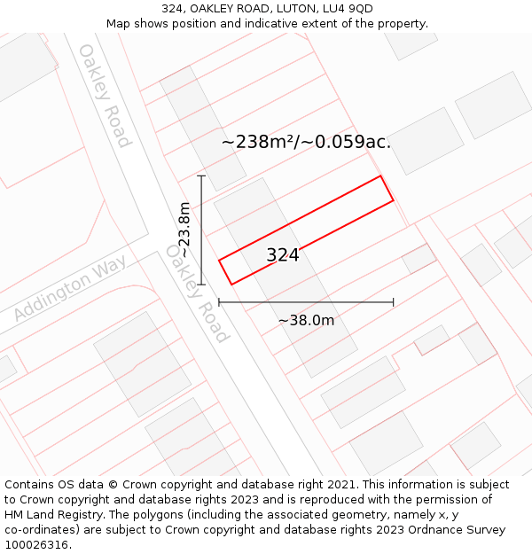 324, OAKLEY ROAD, LUTON, LU4 9QD: Plot and title map