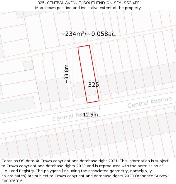 325, CENTRAL AVENUE, SOUTHEND-ON-SEA, SS2 4EF: Plot and title map