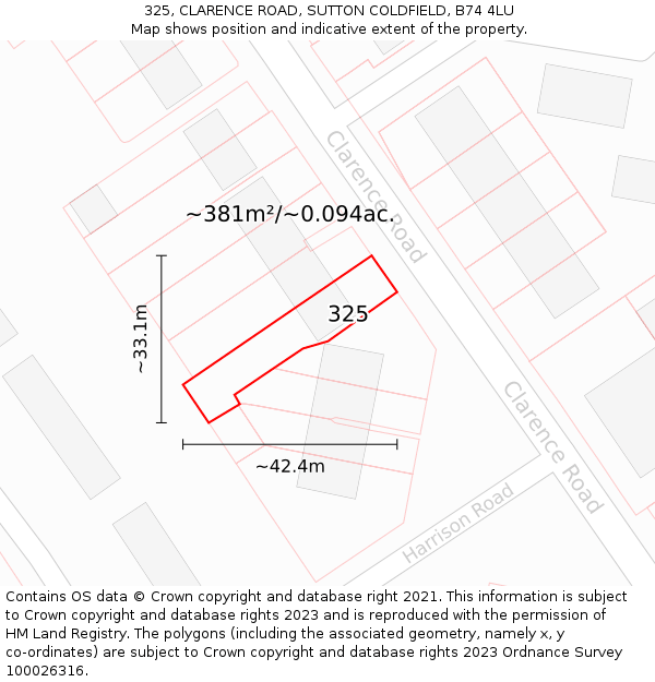 325, CLARENCE ROAD, SUTTON COLDFIELD, B74 4LU: Plot and title map