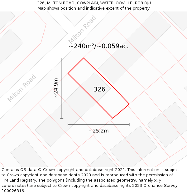 326, MILTON ROAD, COWPLAIN, WATERLOOVILLE, PO8 8JU: Plot and title map