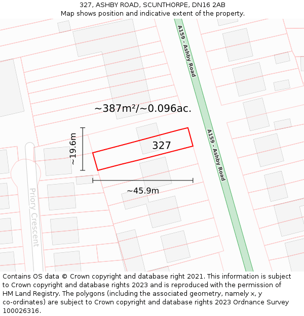 327, ASHBY ROAD, SCUNTHORPE, DN16 2AB: Plot and title map