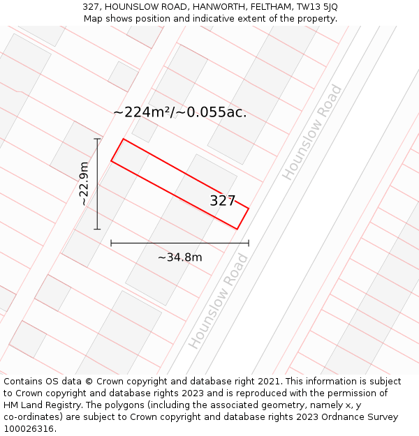 327, HOUNSLOW ROAD, HANWORTH, FELTHAM, TW13 5JQ: Plot and title map