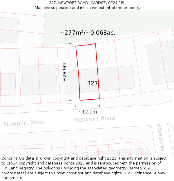 327, NEWPORT ROAD, CARDIFF, CF24 1RL: Plot and title map