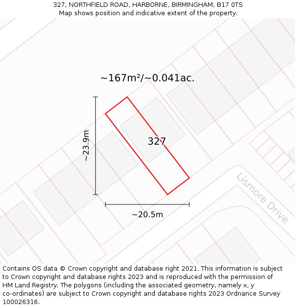 327, NORTHFIELD ROAD, HARBORNE, BIRMINGHAM, B17 0TS: Plot and title map