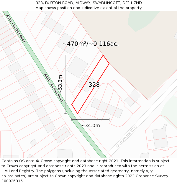 328, BURTON ROAD, MIDWAY, SWADLINCOTE, DE11 7ND: Plot and title map