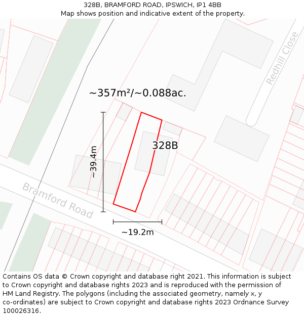 328B, BRAMFORD ROAD, IPSWICH, IP1 4BB: Plot and title map