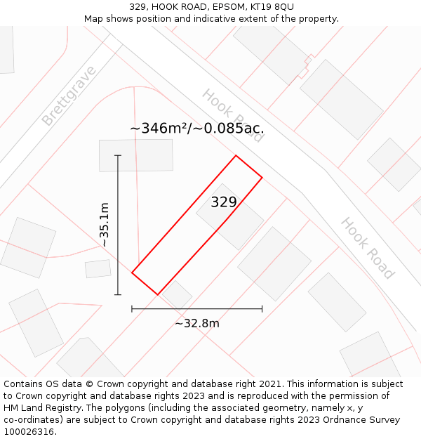 329, HOOK ROAD, EPSOM, KT19 8QU: Plot and title map