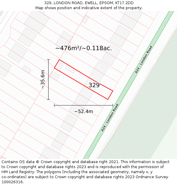 329, LONDON ROAD, EWELL, EPSOM, KT17 2DD: Plot and title map