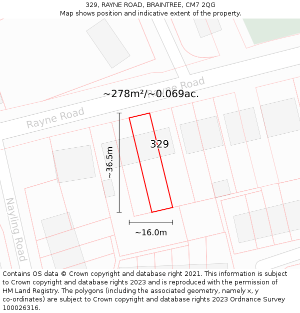 329, RAYNE ROAD, BRAINTREE, CM7 2QG: Plot and title map