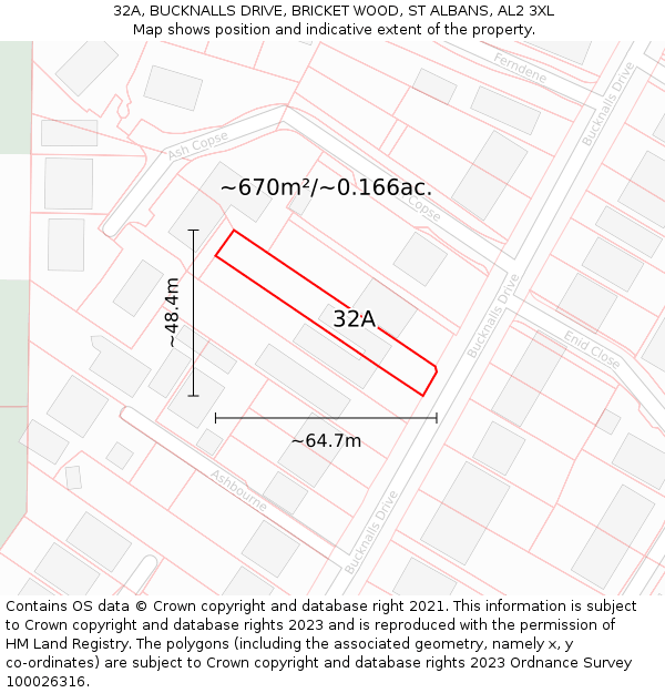 32A, BUCKNALLS DRIVE, BRICKET WOOD, ST ALBANS, AL2 3XL: Plot and title map