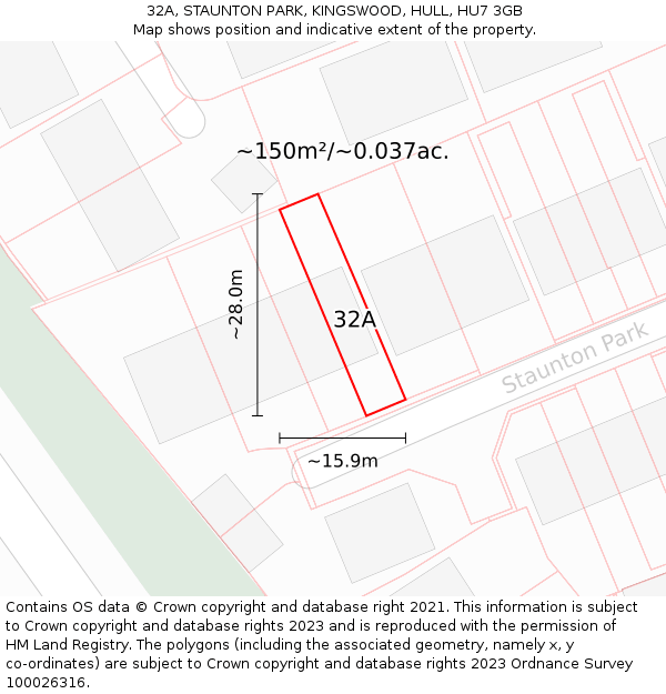 32A, STAUNTON PARK, KINGSWOOD, HULL, HU7 3GB: Plot and title map