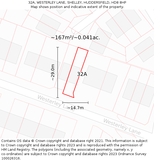 32A, WESTERLEY LANE, SHELLEY, HUDDERSFIELD, HD8 8HP: Plot and title map