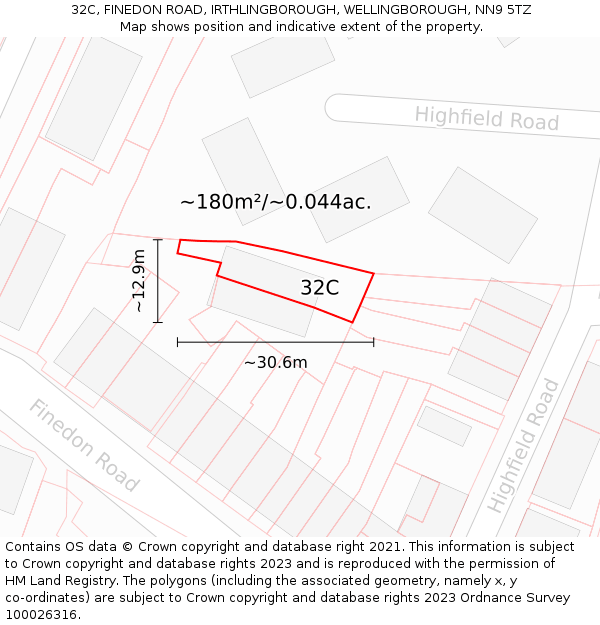 32C, FINEDON ROAD, IRTHLINGBOROUGH, WELLINGBOROUGH, NN9 5TZ: Plot and title map