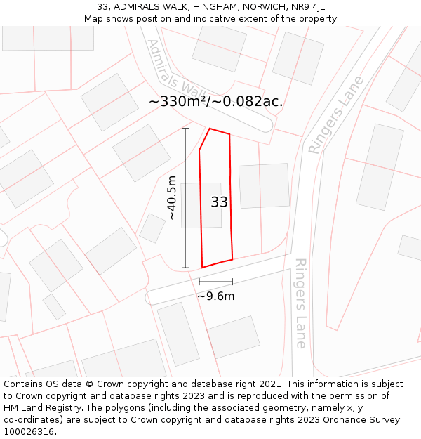 33, ADMIRALS WALK, HINGHAM, NORWICH, NR9 4JL: Plot and title map