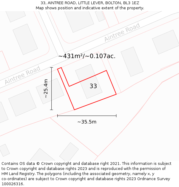 33, AINTREE ROAD, LITTLE LEVER, BOLTON, BL3 1EZ: Plot and title map