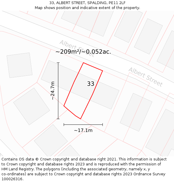 33, ALBERT STREET, SPALDING, PE11 2LF: Plot and title map