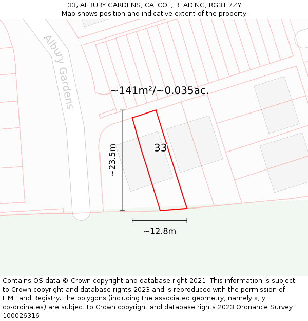 33, ALBURY GARDENS, CALCOT, READING, RG31 7ZY: Plot and title map