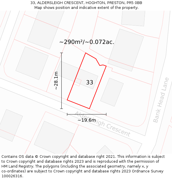 33, ALDERSLEIGH CRESCENT, HOGHTON, PRESTON, PR5 0BB: Plot and title map