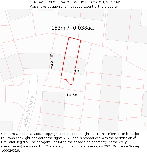 33, ALDWELL CLOSE, WOOTTON, NORTHAMPTON, NN4 6AX: Plot and title map