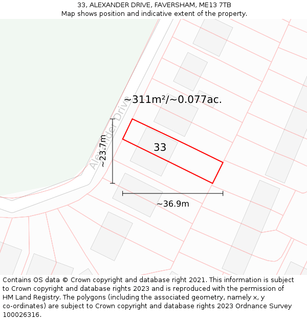 33, ALEXANDER DRIVE, FAVERSHAM, ME13 7TB: Plot and title map