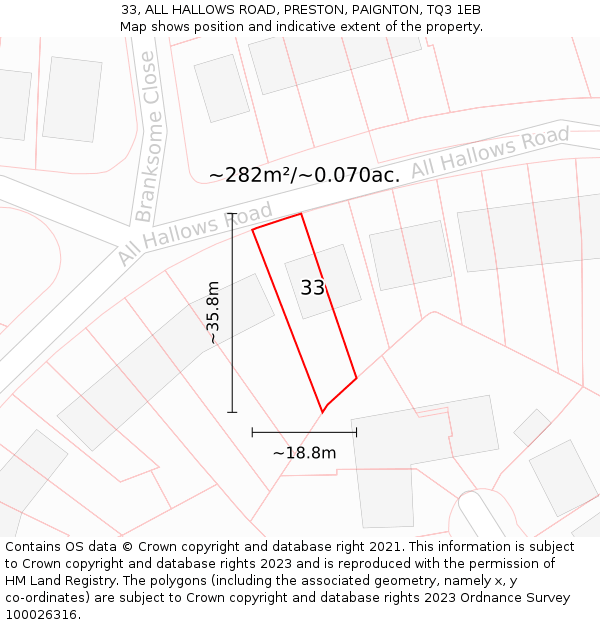 33, ALL HALLOWS ROAD, PRESTON, PAIGNTON, TQ3 1EB: Plot and title map