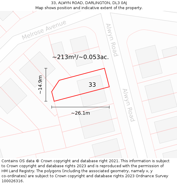 33, ALWYN ROAD, DARLINGTON, DL3 0AJ: Plot and title map