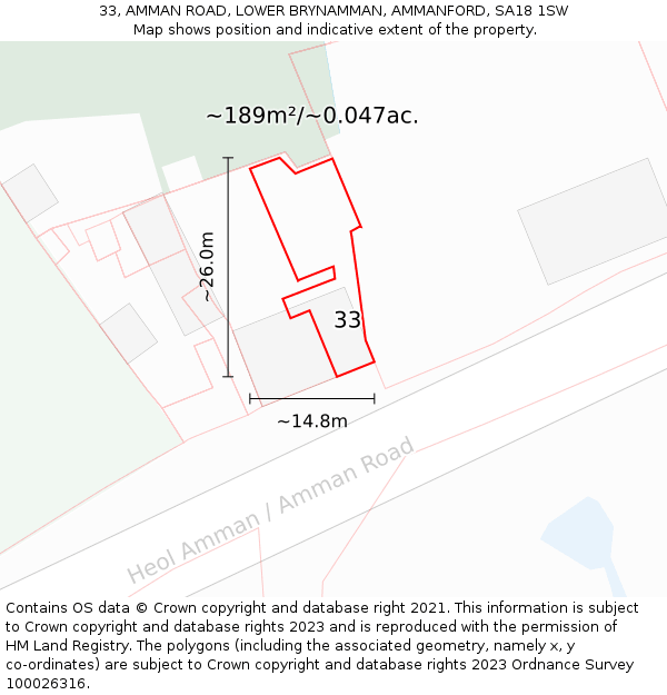 33, AMMAN ROAD, LOWER BRYNAMMAN, AMMANFORD, SA18 1SW: Plot and title map