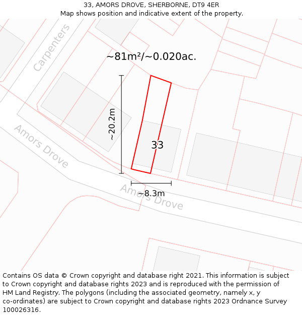 33, AMORS DROVE, SHERBORNE, DT9 4ER: Plot and title map