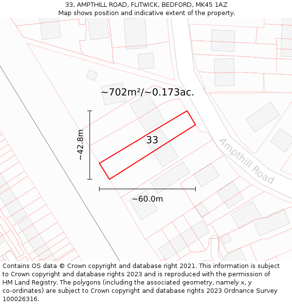 33, AMPTHILL ROAD, FLITWICK, BEDFORD, MK45 1AZ: Plot and title map