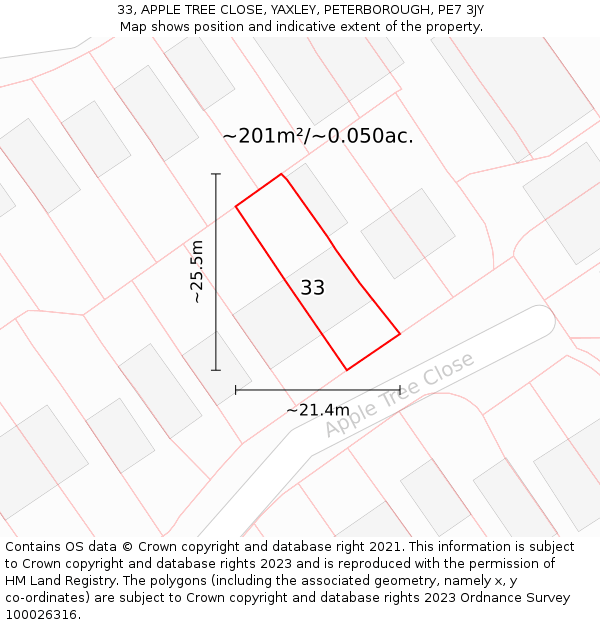 33, APPLE TREE CLOSE, YAXLEY, PETERBOROUGH, PE7 3JY: Plot and title map