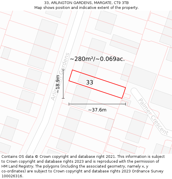 33, ARLINGTON GARDENS, MARGATE, CT9 3TB: Plot and title map