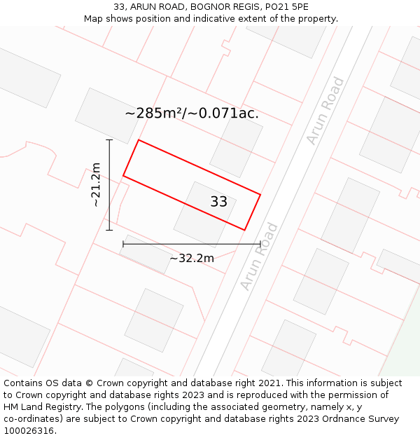 33, ARUN ROAD, BOGNOR REGIS, PO21 5PE: Plot and title map