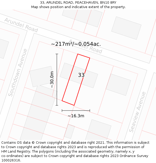 33, ARUNDEL ROAD, PEACEHAVEN, BN10 8RY: Plot and title map