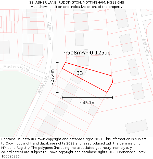 33, ASHER LANE, RUDDINGTON, NOTTINGHAM, NG11 6HS: Plot and title map