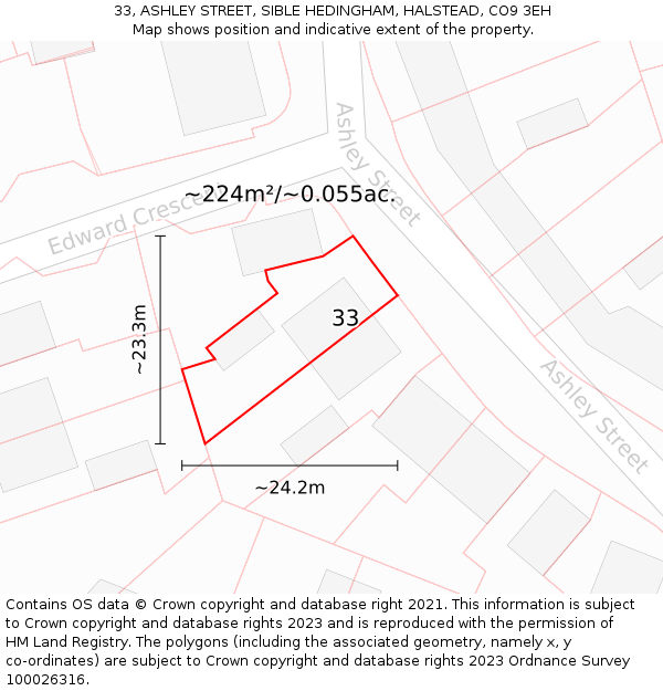 33, ASHLEY STREET, SIBLE HEDINGHAM, HALSTEAD, CO9 3EH: Plot and title map