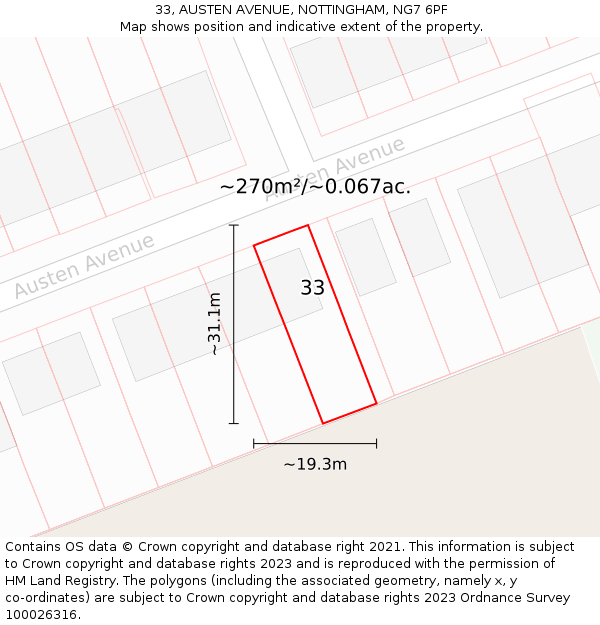 33, AUSTEN AVENUE, NOTTINGHAM, NG7 6PF: Plot and title map