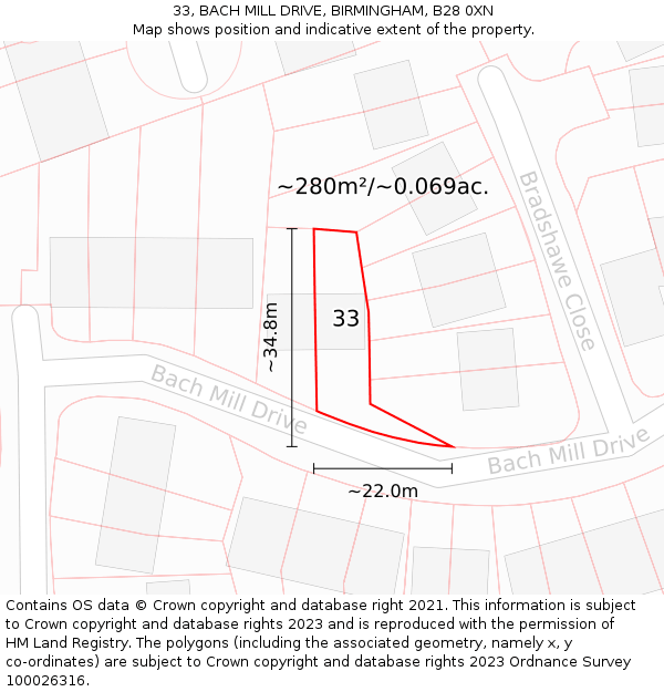 33, BACH MILL DRIVE, BIRMINGHAM, B28 0XN: Plot and title map