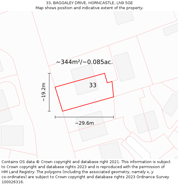 33, BAGGALEY DRIVE, HORNCASTLE, LN9 5GE: Plot and title map