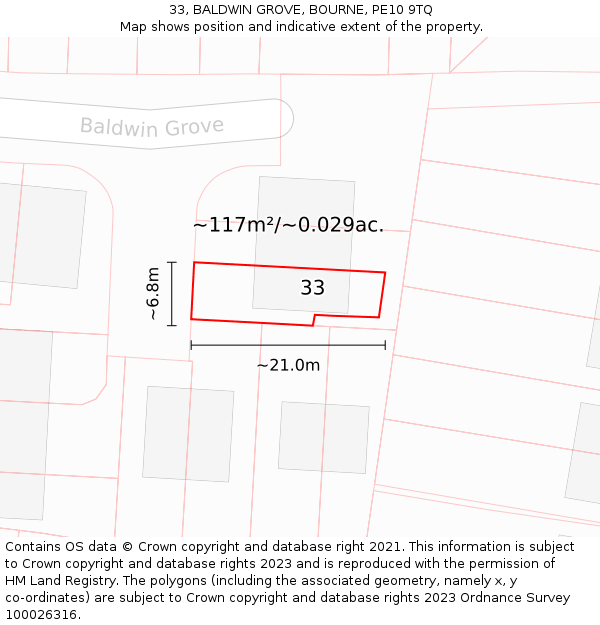 33, BALDWIN GROVE, BOURNE, PE10 9TQ: Plot and title map