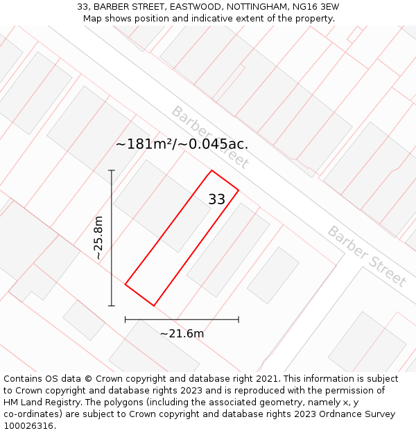 33, BARBER STREET, EASTWOOD, NOTTINGHAM, NG16 3EW: Plot and title map