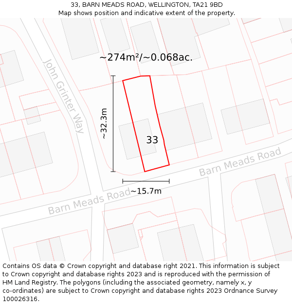 33, BARN MEADS ROAD, WELLINGTON, TA21 9BD: Plot and title map