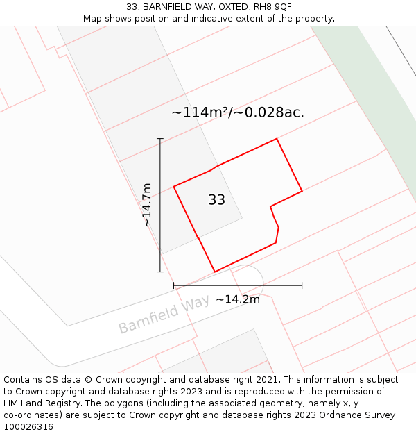 33, BARNFIELD WAY, OXTED, RH8 9QF: Plot and title map