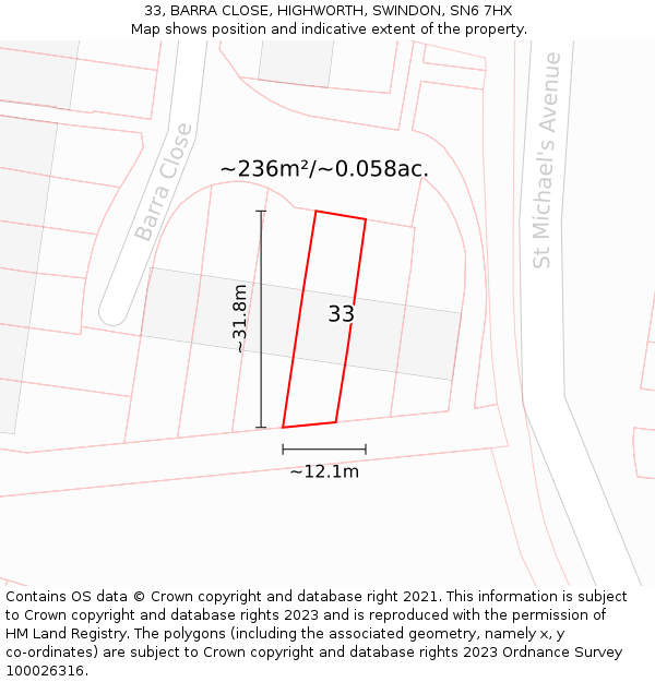 33, BARRA CLOSE, HIGHWORTH, SWINDON, SN6 7HX: Plot and title map