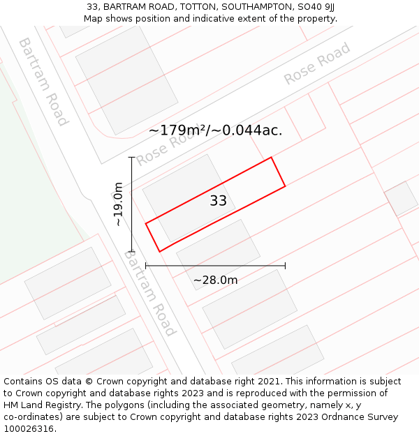 33, BARTRAM ROAD, TOTTON, SOUTHAMPTON, SO40 9JJ: Plot and title map