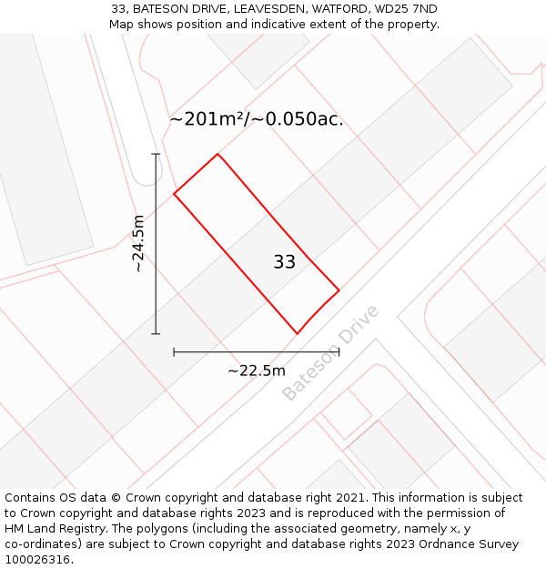 33, BATESON DRIVE, LEAVESDEN, WATFORD, WD25 7ND: Plot and title map